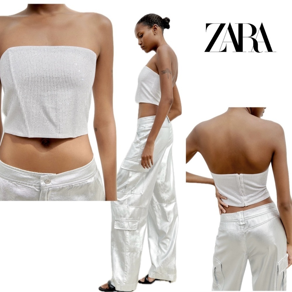 Zara white silver Crystal rhinestone embellished strapless bustier crop top Sz L